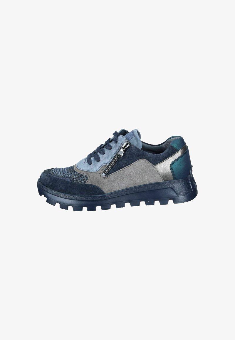 Footwear featuring a combination of dark blue and grey materials, mesh and suede texture, zipper detail, and chunky rubber sole.