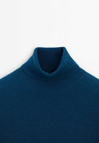 Dark teal blue ribbed knit turtleneck sweater shown flat from the shoulders up on a white background.