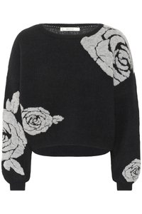 Black sweater with a relaxed fit, featuring grey floral patterns on one side and textured knit fabric. Round neckline and ribbed cuffs.