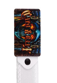 Porte-cartes noir et orange avec un design de crâne, présentant une base texturée blanche et un fermoir pression noir. Couleurs vives et détails graphiques.