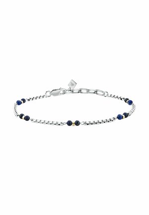 Braccialetto delicato con catena in argento, perline blu piccole e accenti dorati, dotato di chiusura a moschettone e prolunga regolabile.