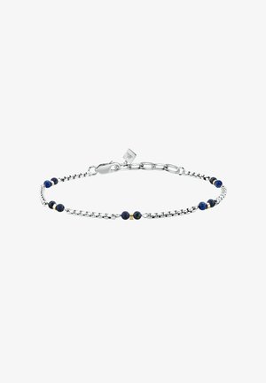 Braccialetto delicato con catena in argento, perline blu piccole e accenti dorati, dotato di chiusura a moschettone e prolunga regolabile.