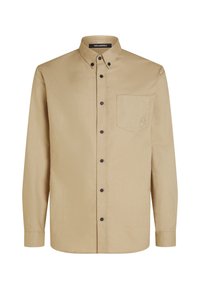 Beige overhemd met lange mouwen, een button-down kraag, zwarte knopen, een borstzak en een subtiele geborduurde logo op de zak.