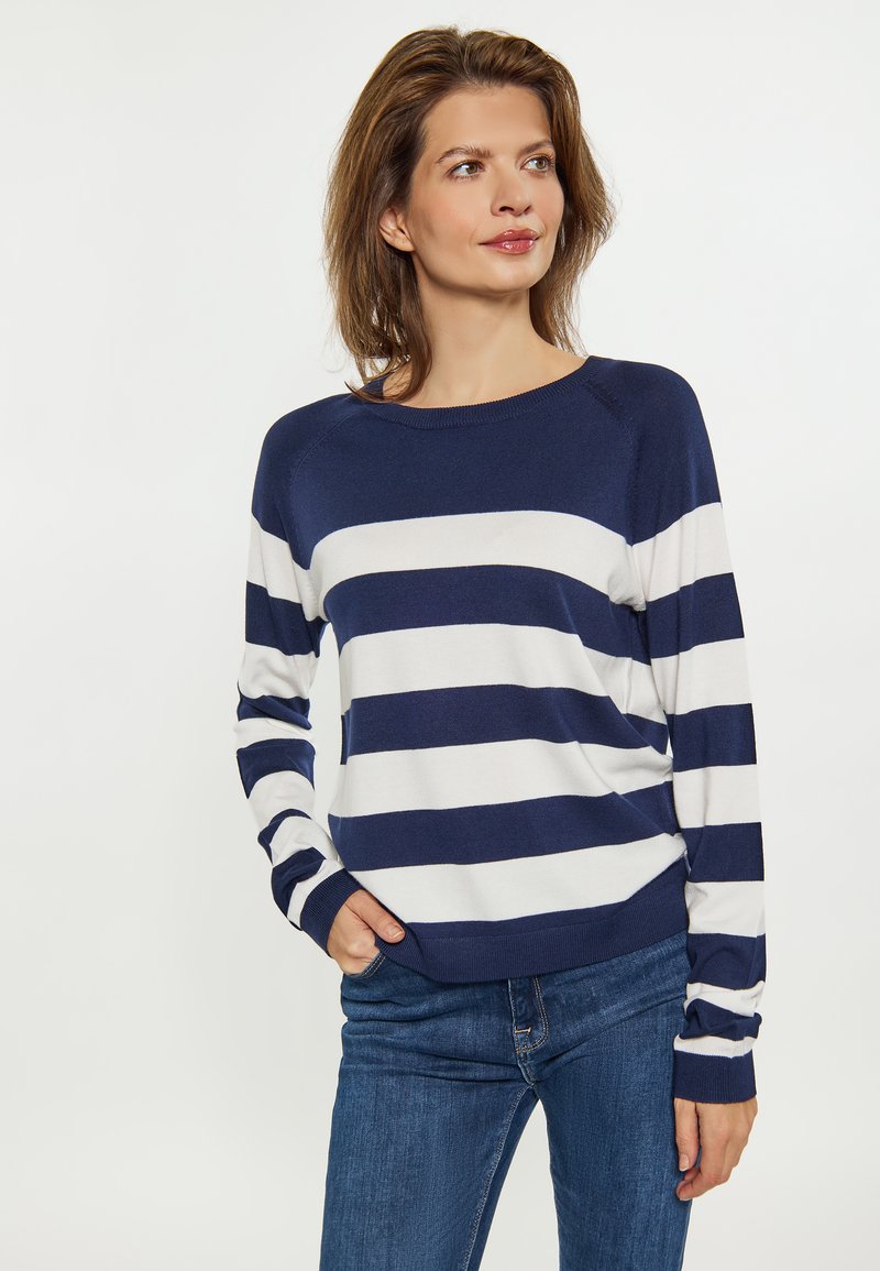 Marineblauwe en witte gestreepte trui met lange mouwen, ronde hals en geribbelde manchetten, gecombineerd met donkerblauwe jeans en minimalistische ontwerpdetails.