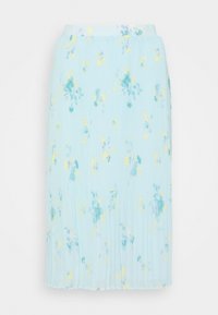 Pleated midi skirt in light blue with yellow and green floral print. Made of lightweight fabric with a smooth texture and elastic waistband.