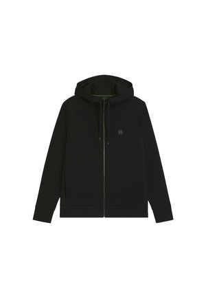 Sort zip-up hoodie med en hætte med snøre, sidelommer og et lille logo på brystet. Lavet af blødt stof med en glat tekstur.