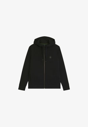 Zwarte zip-up hoodie met een trekkoordcapuchon, zijzakken en een klein logo op de borst. Gemaakt van zacht materiaal met een gladde textuur.