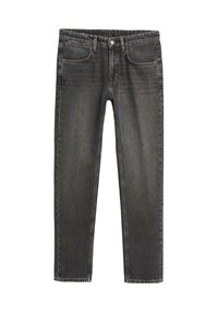 Dark gray denim jeans with a straight fit, five pockets, and subtle whiskering. Standard button and zipper closure at the front.