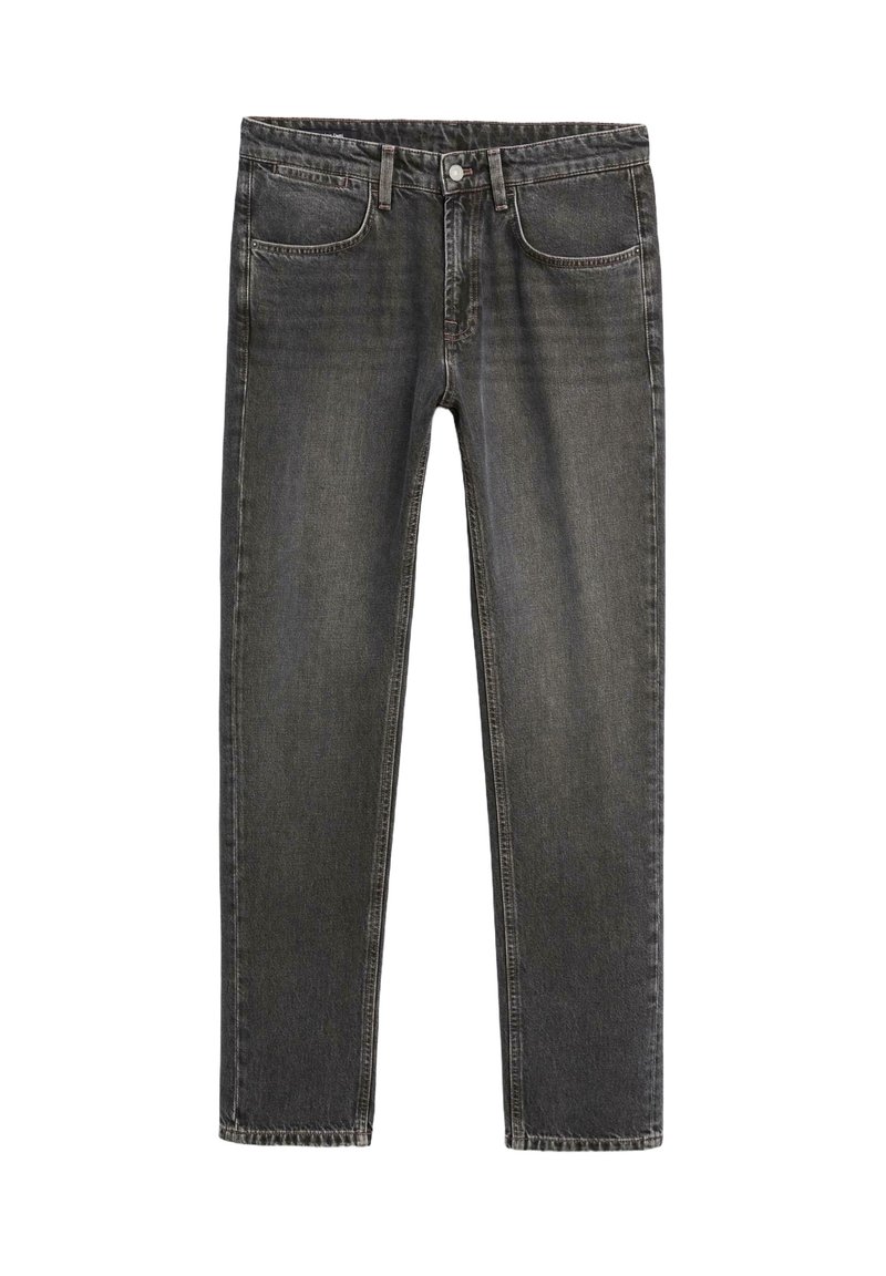 Dark gray denim jeans with a straight fit, five pockets, and subtle whiskering. Standard button and zipper closure at the front.
