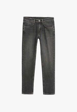 Mørkegrå denim jeans med lige pasform, fem lommer og diskret slid. Standard knap- og lynlåslukning foran.