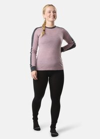 Långärmad, figurnära topp i ljusrosa med mörkgrå ärmar; matchad med svarta leggings och svarta ankelstrumpor; slät textur.