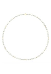 Collier en perles de culture composé de perles blanches entrecoupées de petites perles dorées, fermé par un fermoir en or ; texture lisse et ronde.