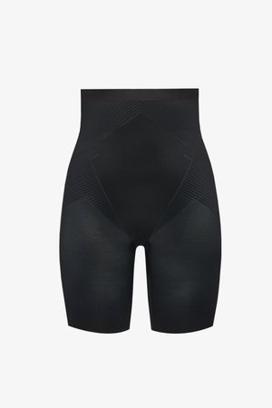 Black high-waisted shaping shorts with a smooth, stretch fabric. Features textured paneling and a seamless design for comfort.