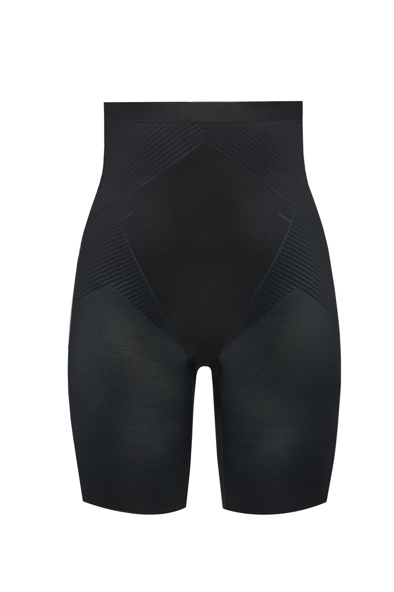 Black high-waisted shaping shorts with a smooth, stretch fabric. Features textured paneling and a seamless design for comfort.