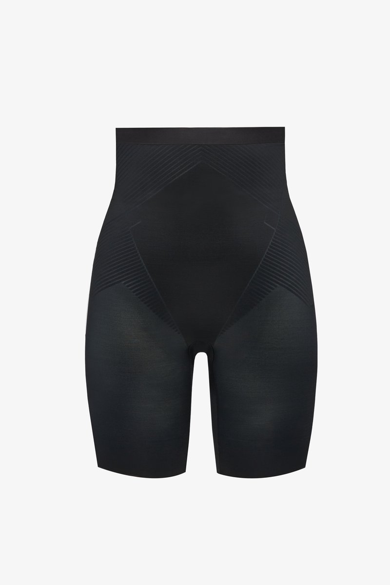 Black high-waisted shaping shorts with a smooth, stretch fabric. Features textured paneling and a seamless design for comfort.