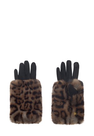 Guantes negros con puños de piel sintética de estampado de leopardo en marrón y negro, pequeño emblema dorado en un puño y detalle de flor en una yema de los dedos.