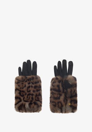 Guantes negros con puños de piel sintética de estampado de leopardo en marrón y negro, pequeño emblema dorado en un puño y detalle de flor en una yema de los dedos.