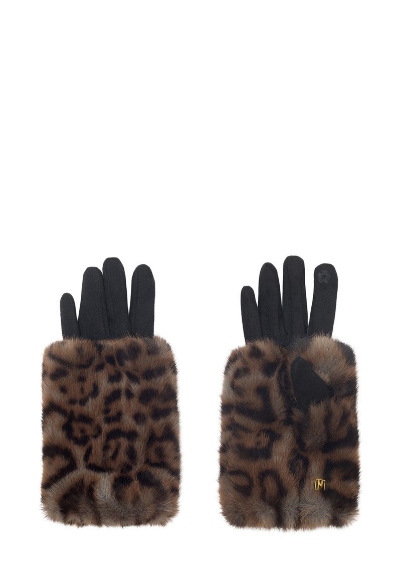 Gants noirs avec poignets en fausse fourrure léopard marron et noir, petit emblème doré sur un poignet et détail floral sur une phalange.