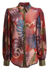 Transparante blouse met lange mouwen en geplooide mouwen, olijfgroene kraag en manchet, met een tropisch bladmotief in rood, paars, blauw en goud.