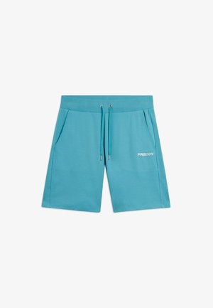 Shorts décontractés bleu turquoise avec taille à cordon, poches latérales et logo blanc "FREDDY" sur la jambe droite.