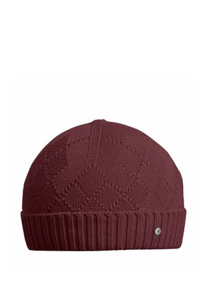 Maroon knit beanie with diamond pattern and ribbed cuff, featuring a small round metal logo on the cuff.