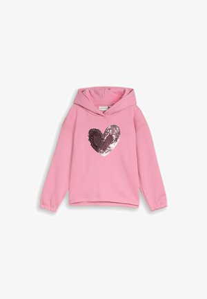 Pinkes Langarm-Kapuzenpullover mit Kapuze und einem großen glänzenden Paillettenherz in der Mitte vorne.