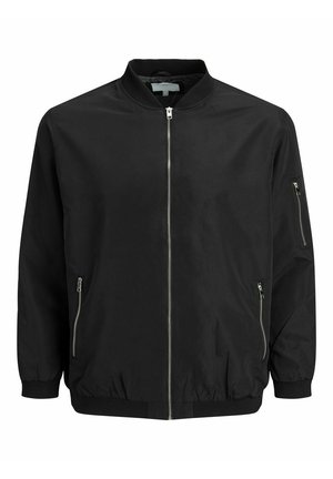 Black bomber jacket with a ribbed collar, front zipper, and two zippered side pockets. Made from smooth fabric with elastic cuffs and hem.