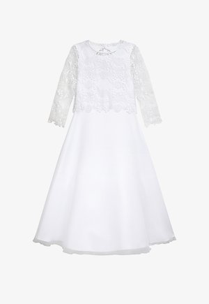 Weißes Kleid mit langen Spitzenärmeln und einem floralen Spitzenoberteil. Ein fließender Satinrock erstreckt sich von der Taille und verfügt über eine glatte Textur.