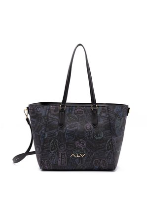 Black tote bag with structured shape, featuring a variety of colored stamps in a pattern. Includes two handles and gold-tone hardware.