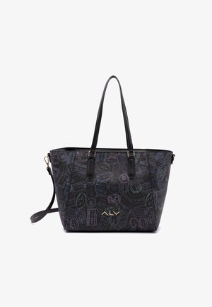 Sac fourre-tout noir à la forme structurée, présentant un motif de tampons colorés variés. Inclut deux poignées et des ferrures en ton or.