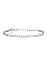 Silver tennis bracelet with round clear gemstones and an adjustable chain clasp on a white background.