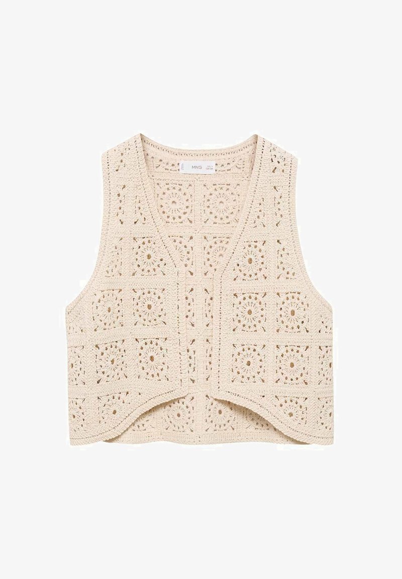 Kvačkana brezrokavnica v krem barvi z V-izrezom in odprtim sprednjim delom. Ima teksturirane cvetlične vzorce in valovite robove. Brez zapiranj.