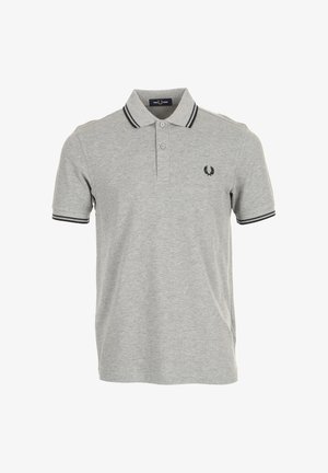 Grijs poloshirt met korte mouwen met zwarte bies aan kraag en mouwen, twee knopen en een klein zwart lauwerkranslogo op de linkerborst.