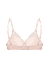 Bezprzewodowy biustonosz w jasnoróżowym kolorze, z koronkowym wykończeniem, regulowanymi satynowymi ramiączkami i zapięciem na haczyk z tyłu. Miękka tkanina o subtelnym połysku.