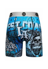 Kék grafikus boxeralsó, koponya és arc mintával. Feltűnő "WEST COAST" és "LA" feliratokkal. Rugalmas derékpánt logóval.