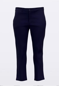 Temno modre hlače iz gladkega blaga, z ravnim krojem, zadrgo z gumbom in stranskimi žepi.