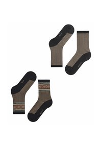 Schwarze Socken mit einem Hahnentrittmuster, braunen Akzenten und hellblauen Details; Knöchel- und Unterschenkel Länge, glatte Textur.