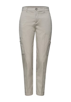 Béžové úzké cargo kalhoty s zapínáním na knoflíky, poutky na pásek a klopovými kapsami na obou stehnech, zkrácené u kotníku.