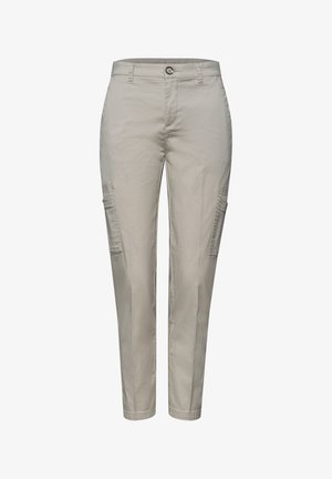 Beige slim-fit cargo pants with button closure, belt loops, and flap pockets on both thighs, cropped at the ankle.