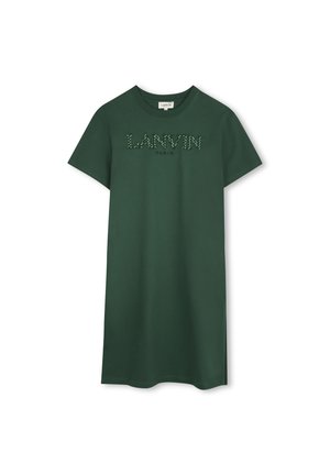 Grønt bomulls t-skjortekjole med korte ermer, med "LANVIN" og "PARIS" i et teksturert design foran. Rett snitt, knelengde.