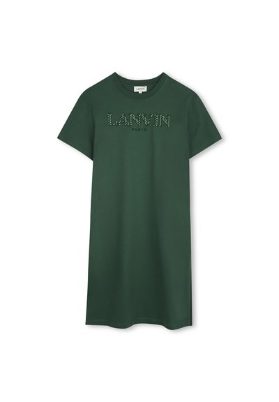 Zelena pamukasta haljina s kratkim rukavima, s teksturiranim dizajnom "LANVIN" i "PARIS" na prednjoj strani. Ravnog kroja, do koljena.