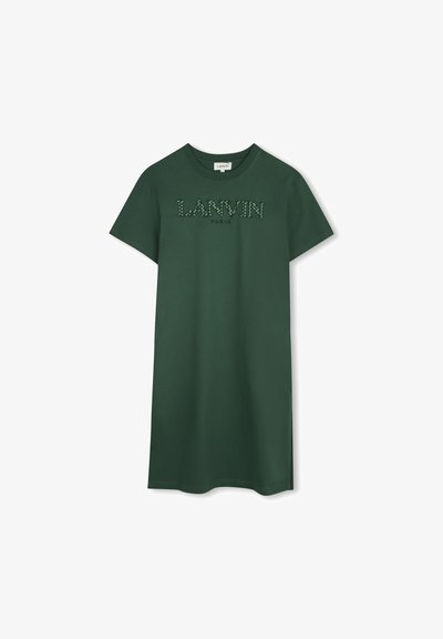 Vestido de algodón verde con mangas cortas, que presenta "LANVIN" y "PARÍS" en un diseño texturizado en la parte delantera. Corte recto, hasta la rodilla.