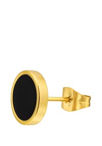 Boucle d'oreille en acier doré avec un centre en résine noire ronde, finition lisse et brillante, et fermeture à poussoir sécurisée.