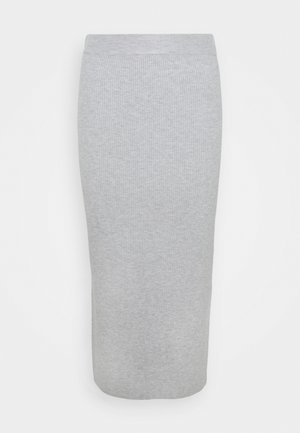 Jupe grise à côtes, longueur genoux, avec une silhouette ajustée. Fabriquée en tissu extensible, elle possède une taille élastique lisse pour un confort optimal.