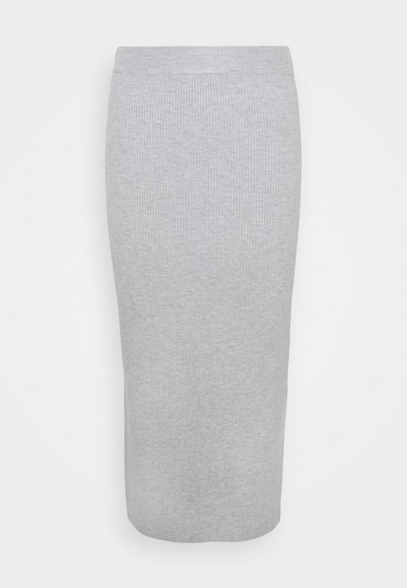 Šedá žebrovaná sukně ke kolenům s přiléhavým střihem. Vyrobena z pružného materiálu, s hladkým elastickým pasem pro pohodlí.