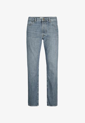 Svetlo modre kavbojke z ravnimi hlačnicami, z gumbi in zadrgo, sprednjimi in zadnjimi žepi ter zankami za pas.