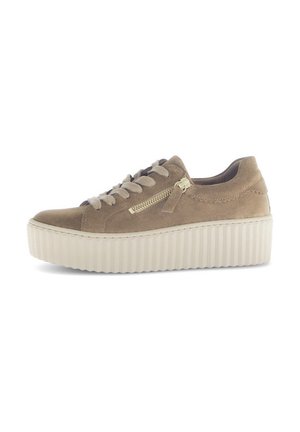 Beige Wildledersneaker mit runder Zehenpartie, flachen Schnürsenkeln, einem seitlichen Reißverschluss und einer cremefarbenen gerippten Plattformsohle.
