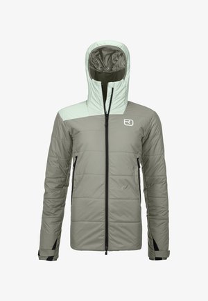 Light green and gray puffer jacket with a hood, featuring a prominent zipper, black accents, and a quilted texture. Logo on the chest.