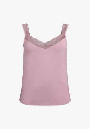 Vaaleanpunainen toppi, joka on valmistettu pehmeästä kankaasta ja jossa on V-pääntie sekä pitsiä kaula-aukossa ja olkaimissa. Topissa on sileä pinta ilman näkyviä kuvioita.