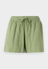 Hellgrüne Baumwollshorts mit elastischem Bund und Kordelzug. Verfügt über Seitentaschen und eine strukturierte Stoffoberfläche.